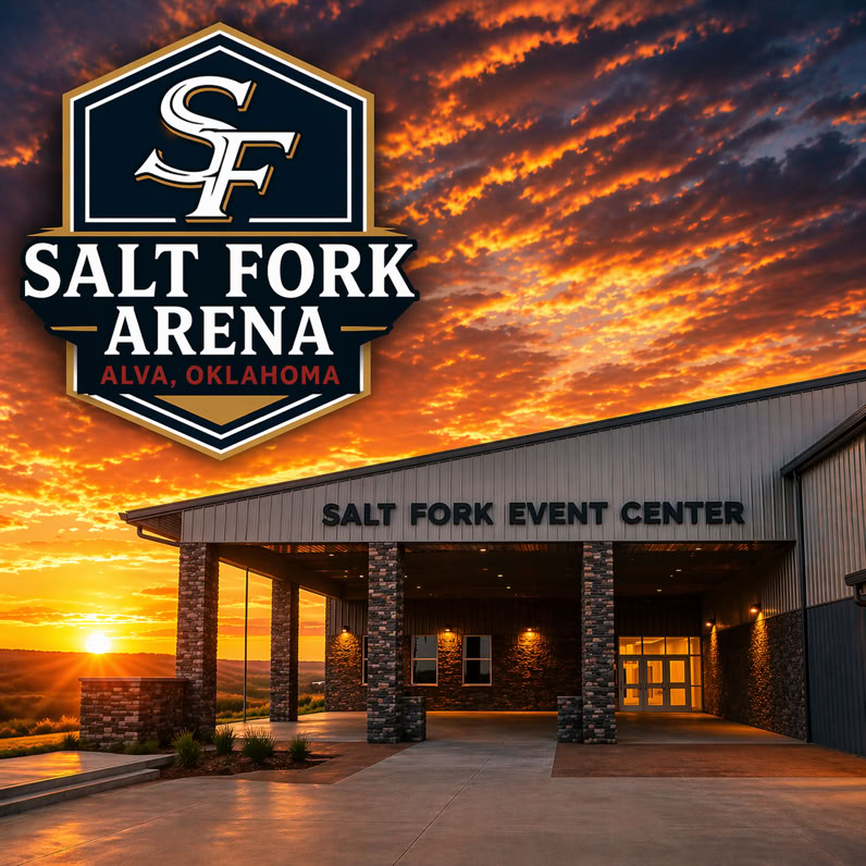 Exterior shot of Salt Fork Arena Event Center at sunset — shows the modern entrance of the Salt Fork Arena in Alva, Oklahoma with stone pillars and large glass doors under a vivid sunset sky. The Salt Fork Arena logo featuring “SF” and the words “Salt Fork Arena, Alva, Oklahoma” is visible in the upper left corner of the image.